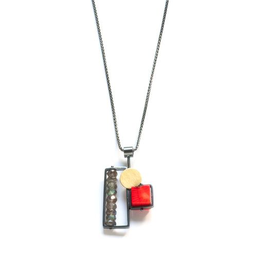 BRC01N - Square, Circle, Rectangle necklace with Coral Cube