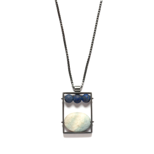 LR38N - Vertical Frame Necklace with Lapis and Aquamarine