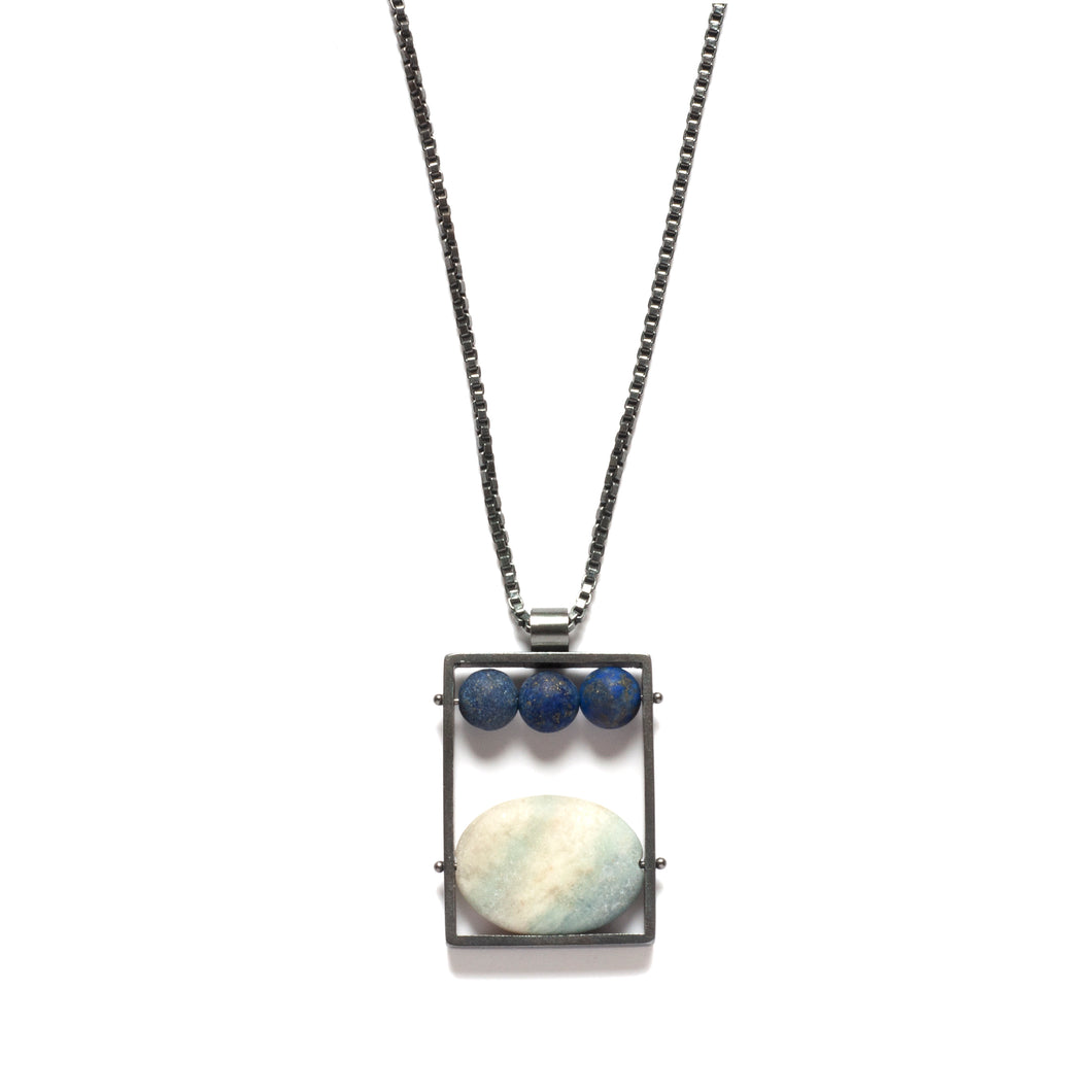 LR38N - Vertical Frame Necklace with Lapis and Aquamarine