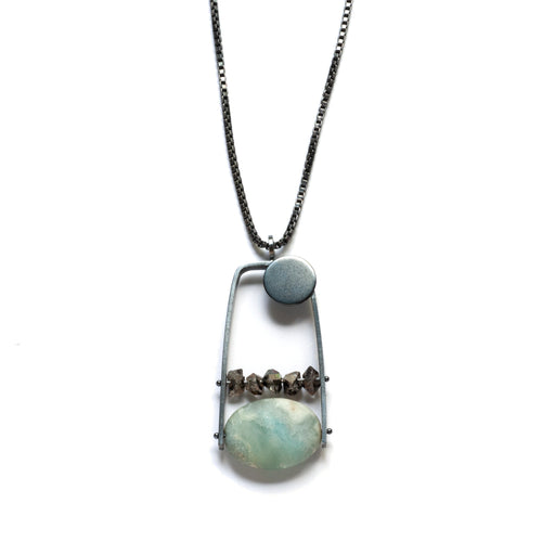 AM02N-X Squared Arc Necklace with Aquamarine and Herkimer